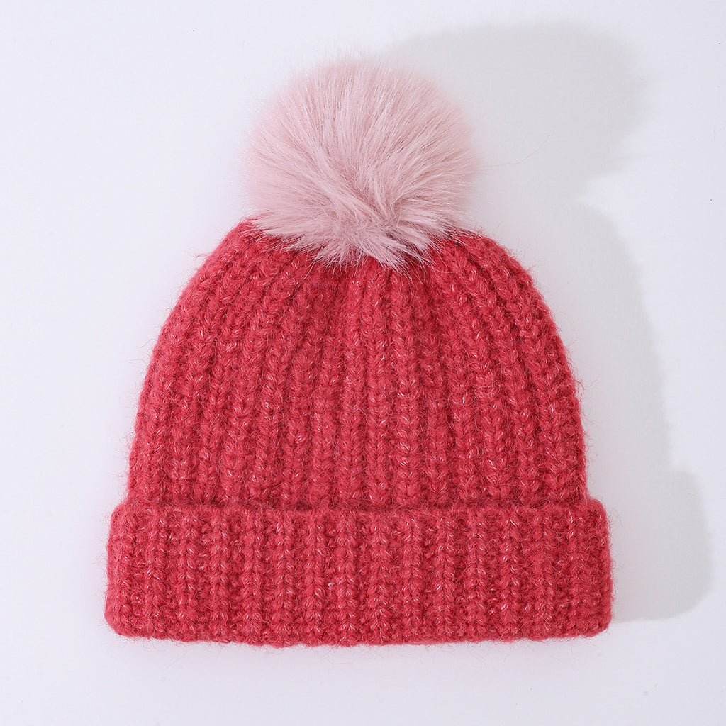 Chunky Rib Knit Pom Pom Beanie with Cuffed Brim - Red
