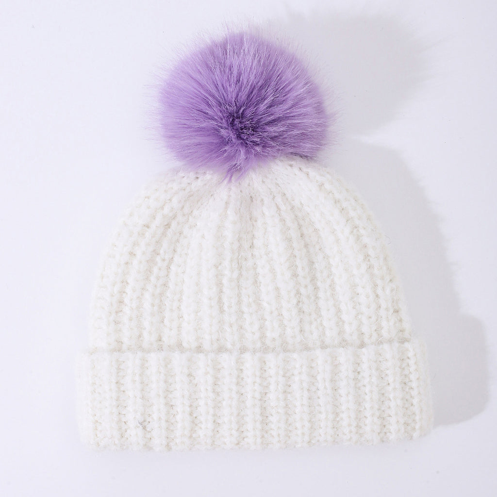 Chunky Rib Knit Pom Pom Beanie with Cuffed Brim - White