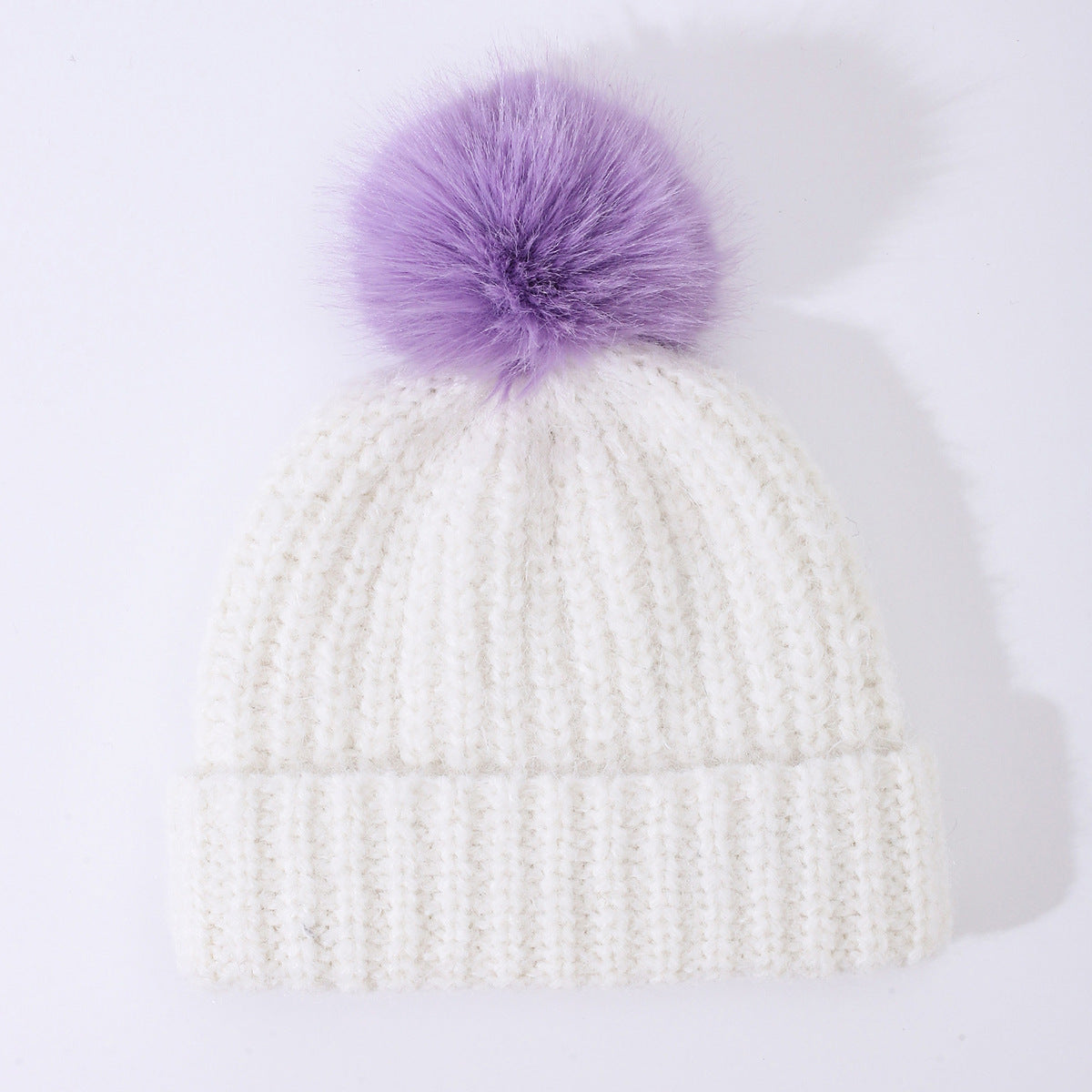 Chunky Rib Knit Pom Pom Beanie with Cuffed Brim - White