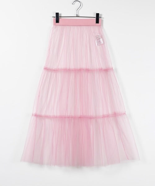 Sheer Tiered Tulle Overlay Maxi Skirt - Pink