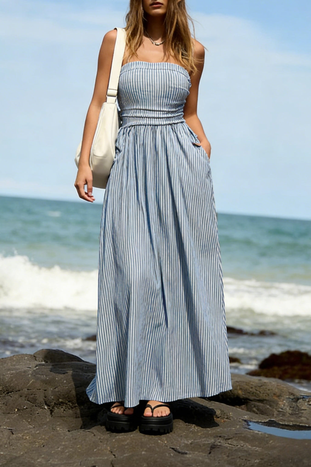Strapless Smocked Maxi Dress With Pockets - Blue