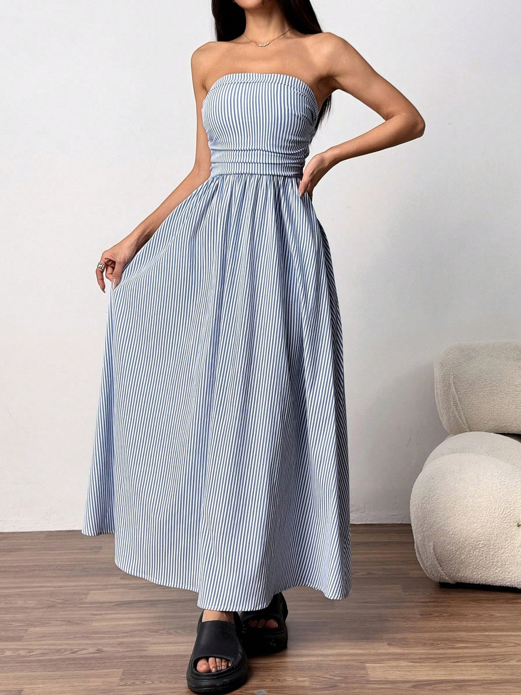 Strapless Smocked Maxi Dress With Pockets - Blue - 1