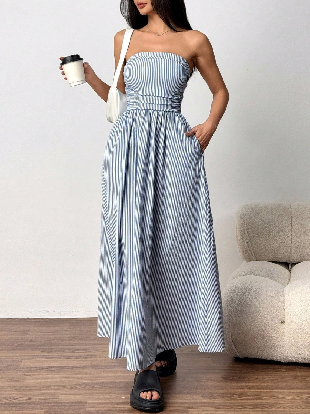Strapless Smocked Maxi Dress With Pockets - Blue - 2