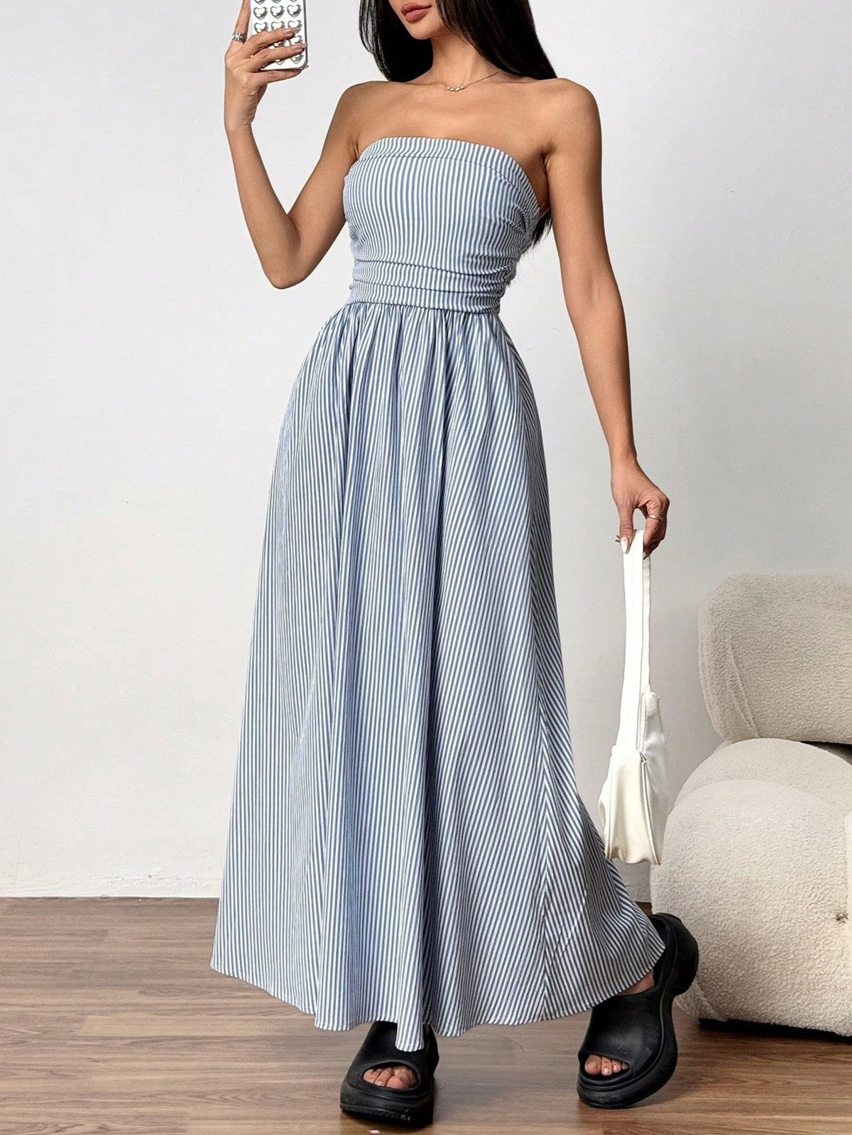 Strapless Smocked Maxi Dress With Pockets - Blue - 3