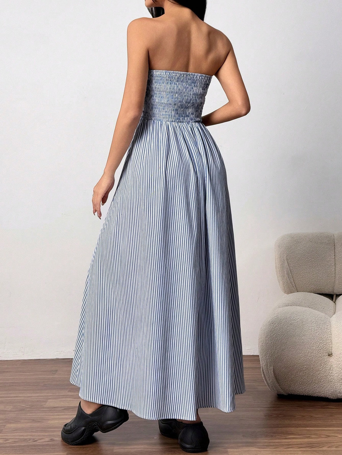 Strapless Smocked Maxi Dress With Pockets - Blue - 4