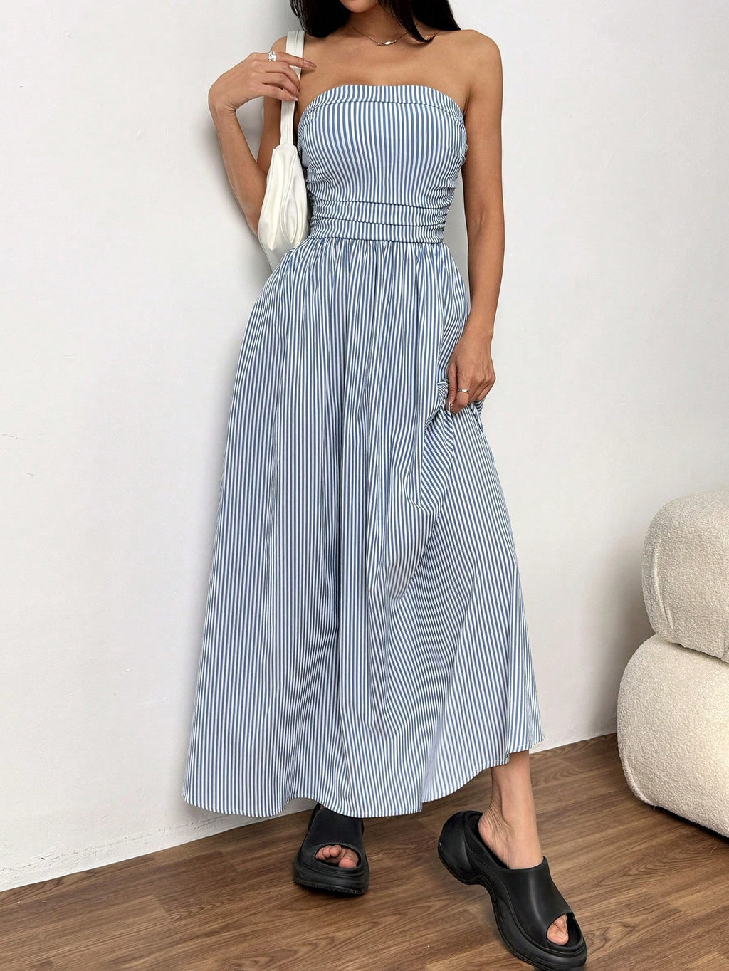 Strapless Smocked Maxi Dress With Pockets - Blue - 5