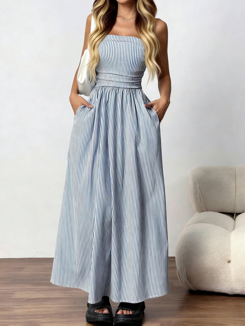 Strapless Smocked Maxi Dress With Pockets - Blue - 6