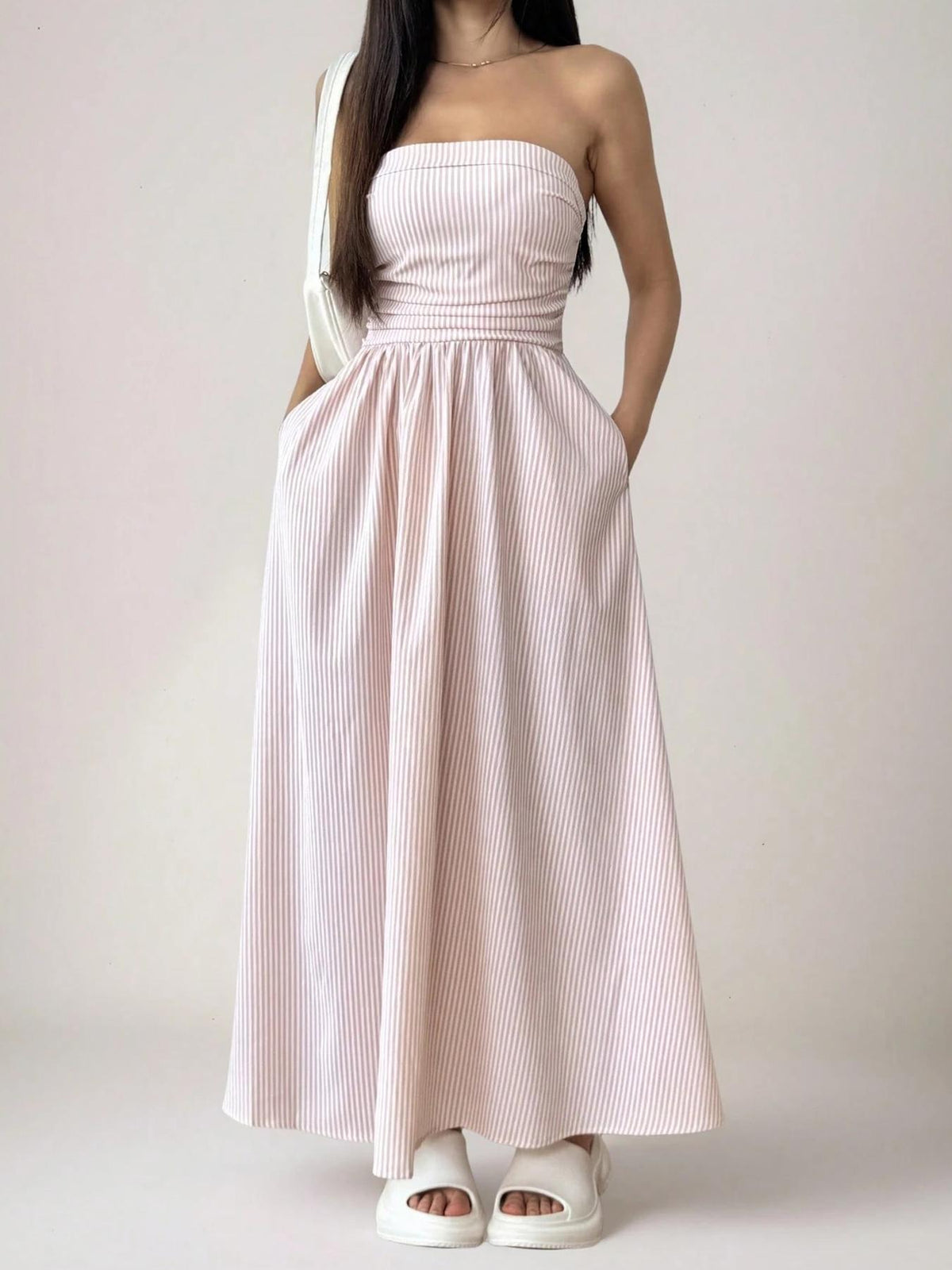 Strapless Smocked Maxi Dress With Pockets - Coral