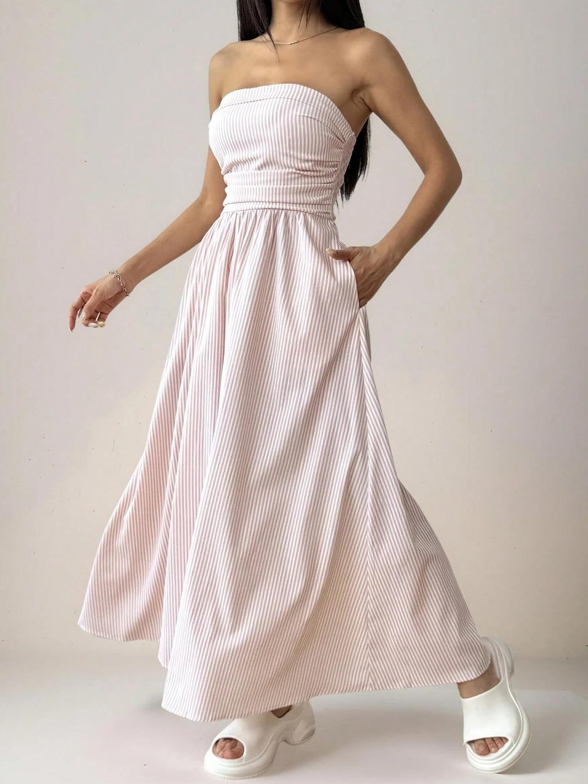 Strapless Smocked Maxi Dress With Pockets - Coral - 1