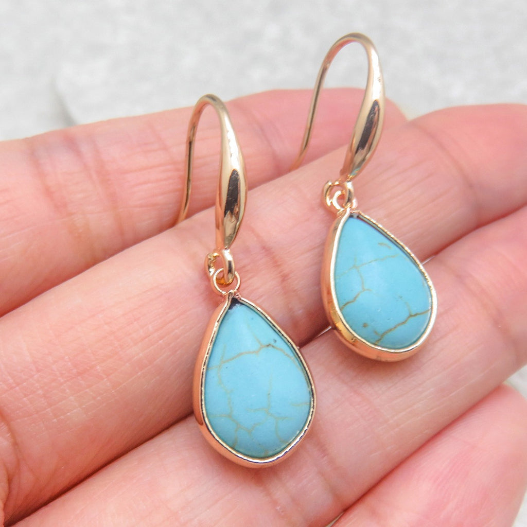 Teardrop Stone Bezel Drop Earrings - Gold