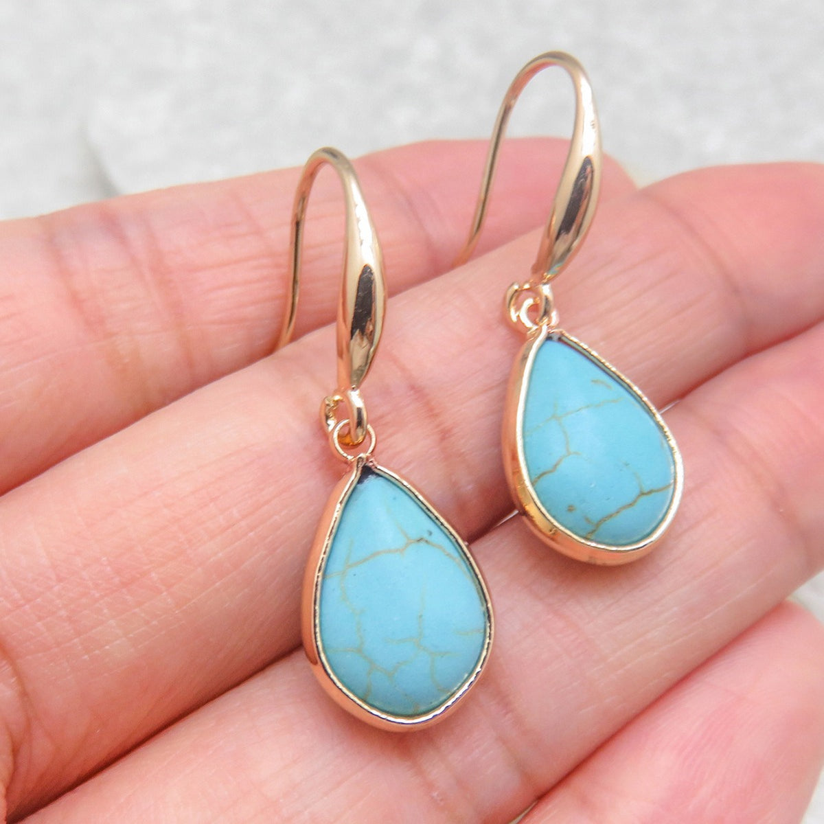 Teardrop Stone Bezel Drop Earrings - Gold