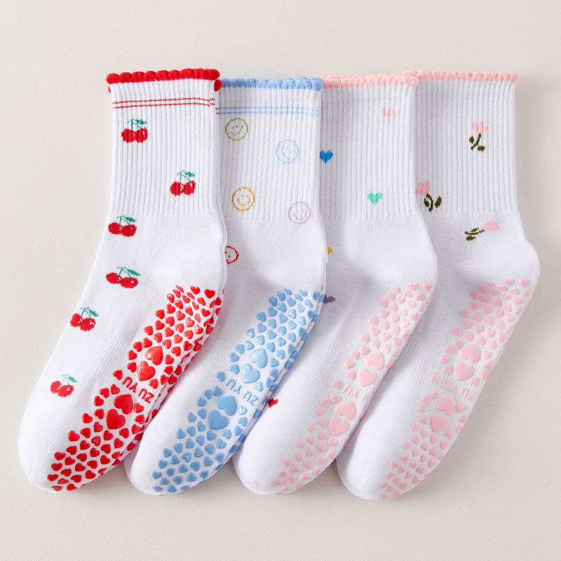 Frilled Cuff Embroidered Motif Grip Socks - Flowers