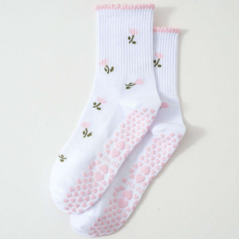 Frilled Cuff Embroidered Motif Grip Socks - Flowers - 1