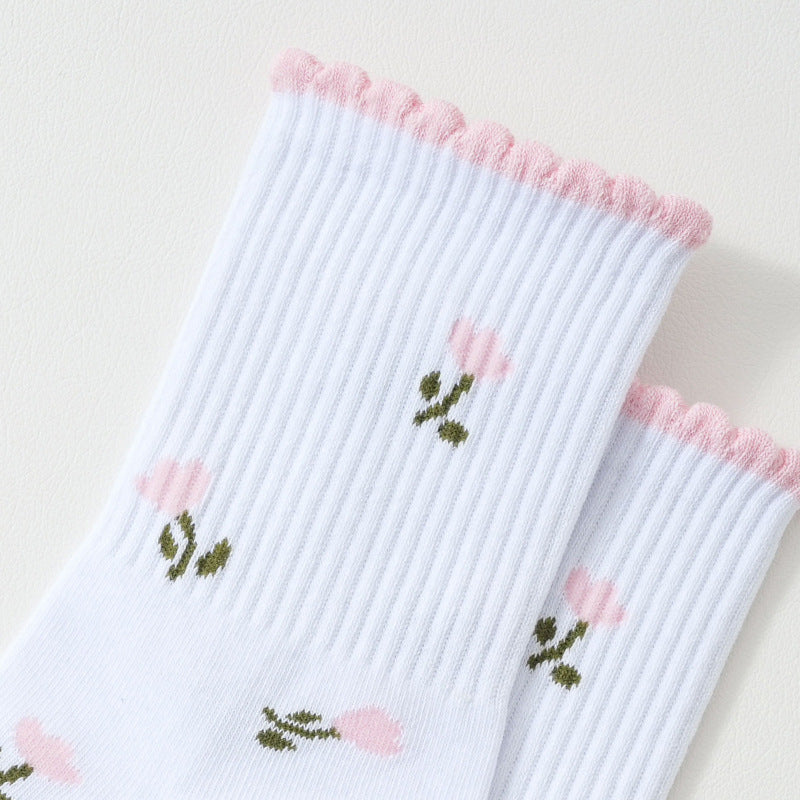 Frilled Cuff Embroidered Motif Grip Socks - Flowers - 2