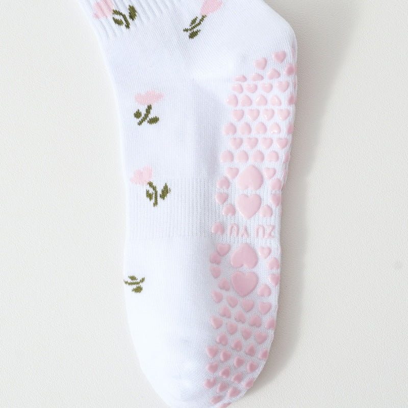 Frilled Cuff Embroidered Motif Grip Socks - Flowers - 3