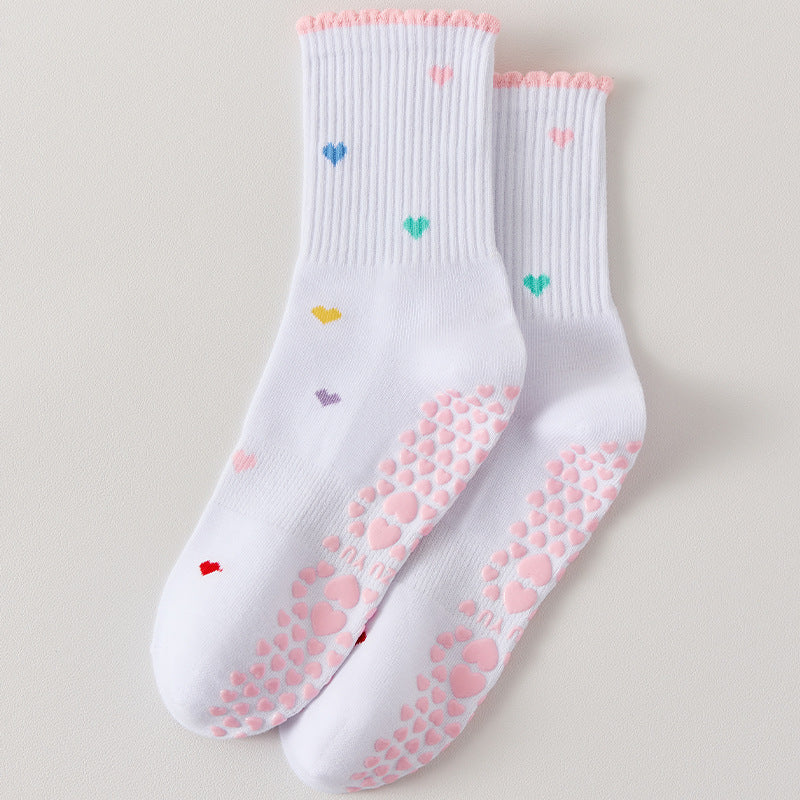 Frilled Cuff Embroidered Motif Grip Socks - Heart