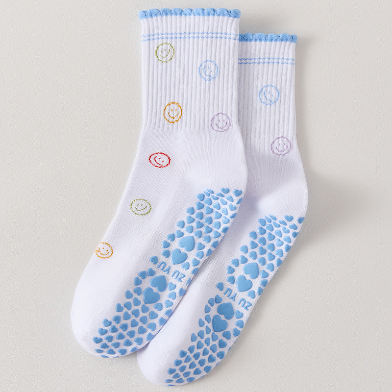Frilled Cuff Embroidered Motif Grip Socks - Smile
