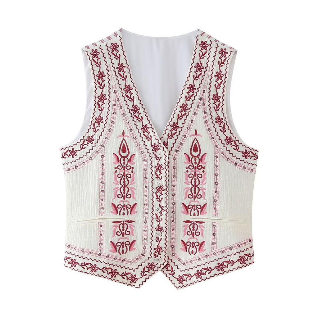 Folk Embroidered Striped Back Vest - Red