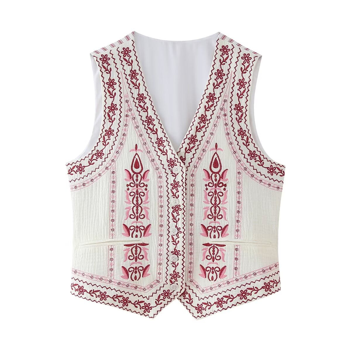 Folk Embroidered Striped Back Vest - Red
