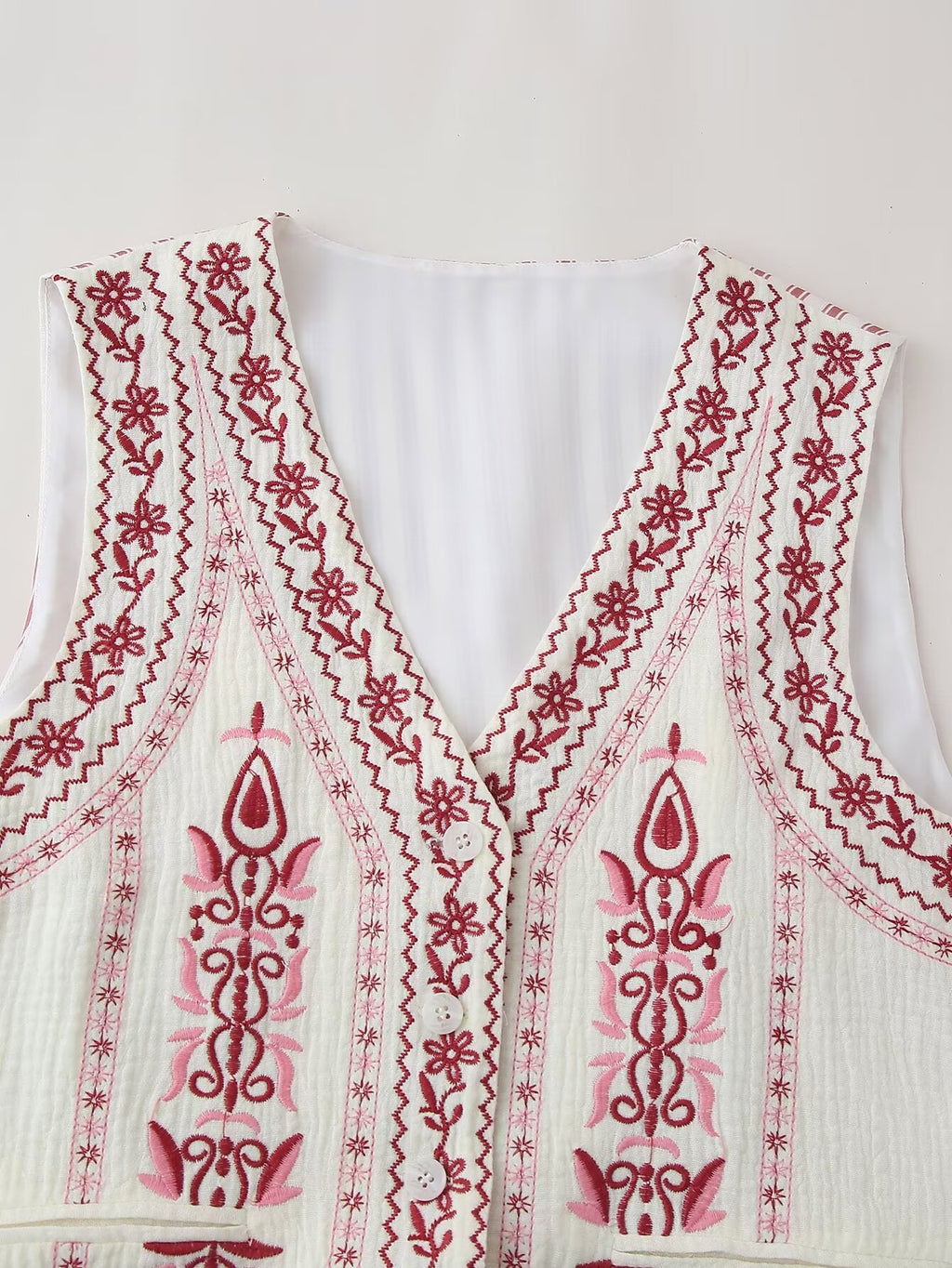 Folk Embroidered Striped Back Vest - Red - 2
