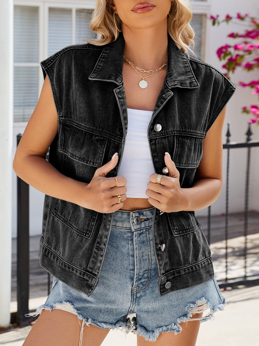 Oversized Washed Denim Utility Vest - Black