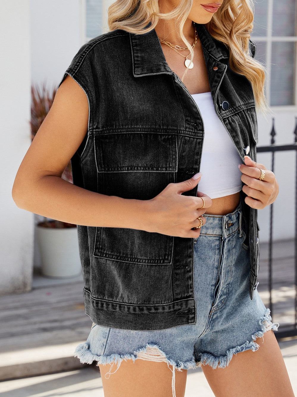 Oversized Washed Denim Utility Vest - Black - 1