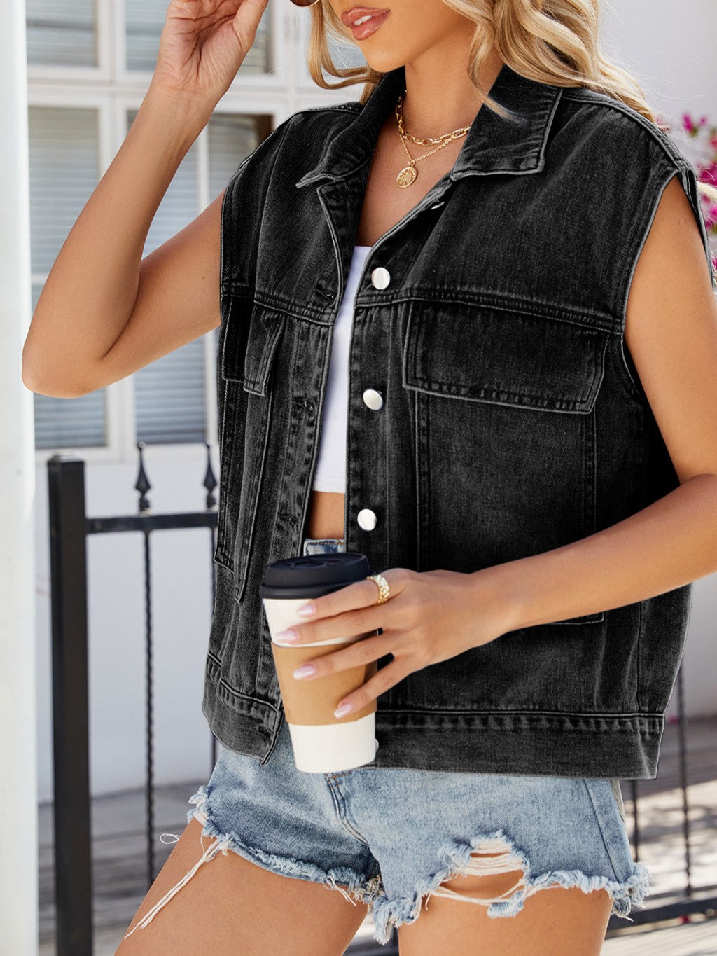 Oversized Washed Denim Utility Vest - Black - 2
