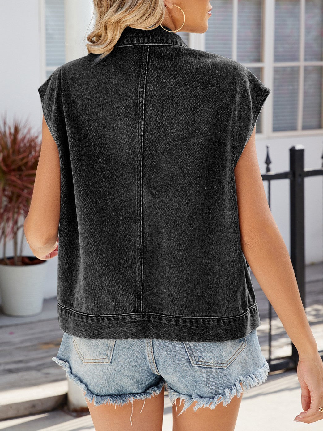 Oversized Washed Denim Utility Vest - Black - 3