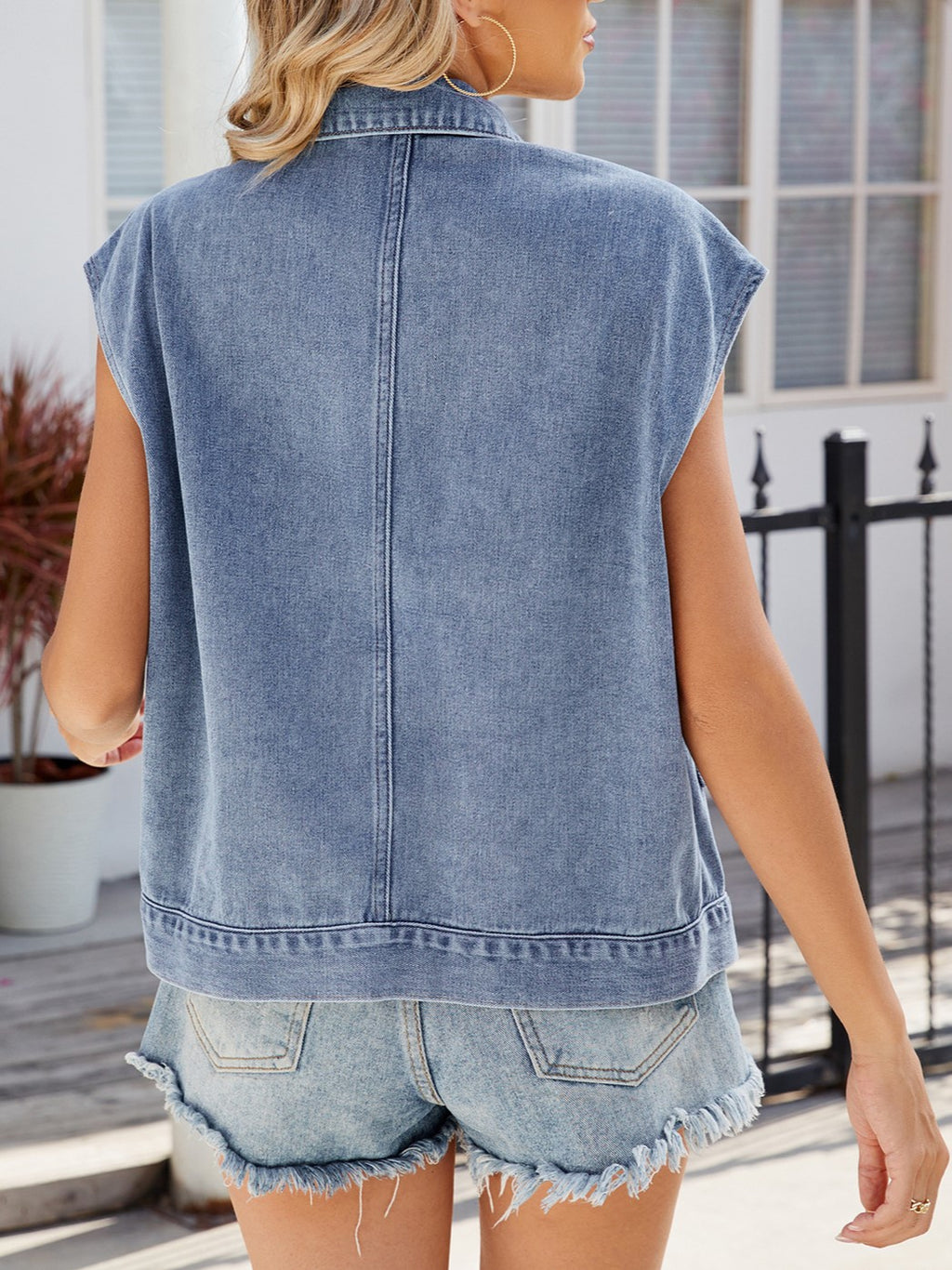 Oversized Washed Denim Utility Vest - Blue - 2