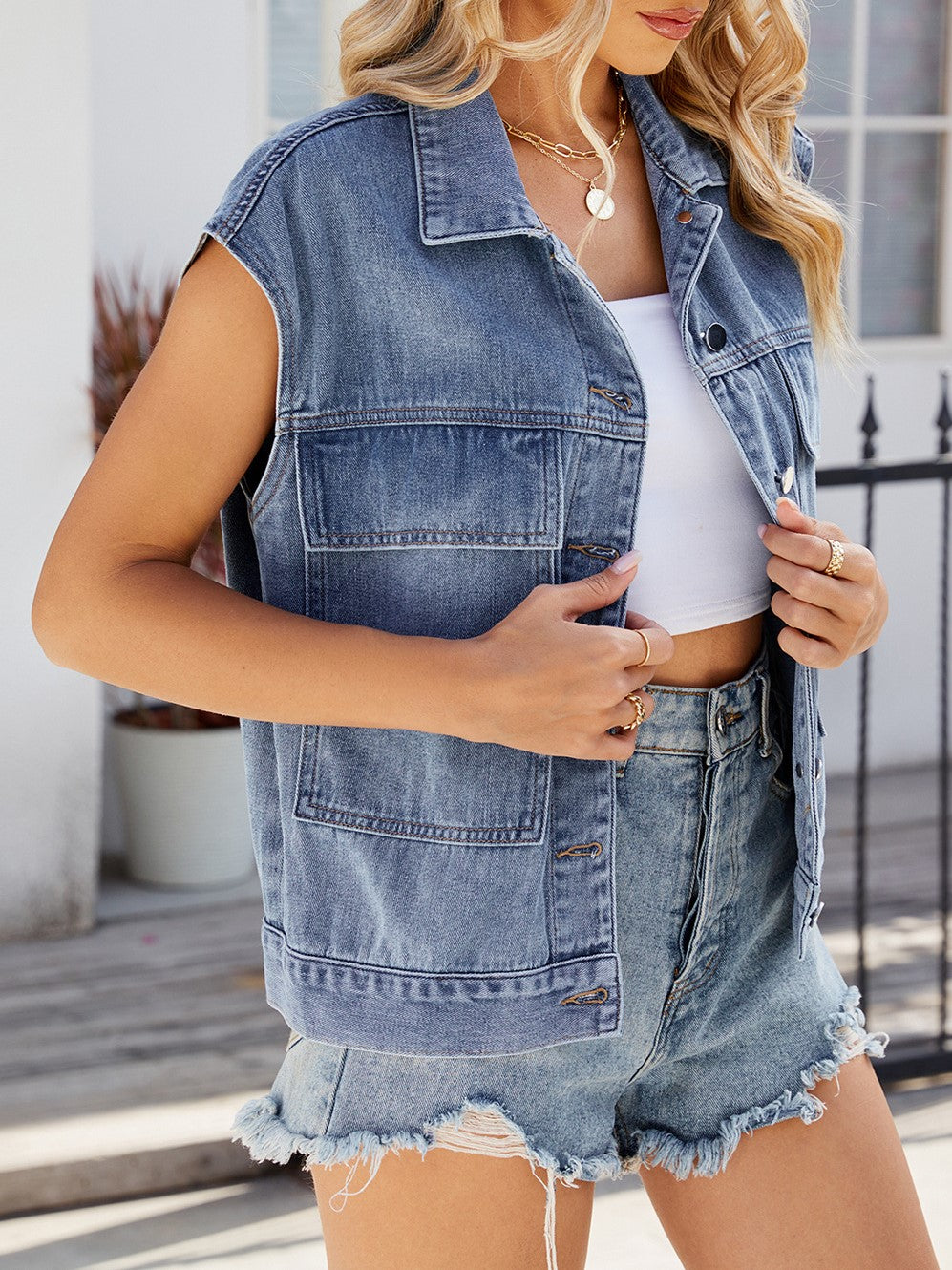 Oversized Washed Denim Utility Vest - Blue - 4