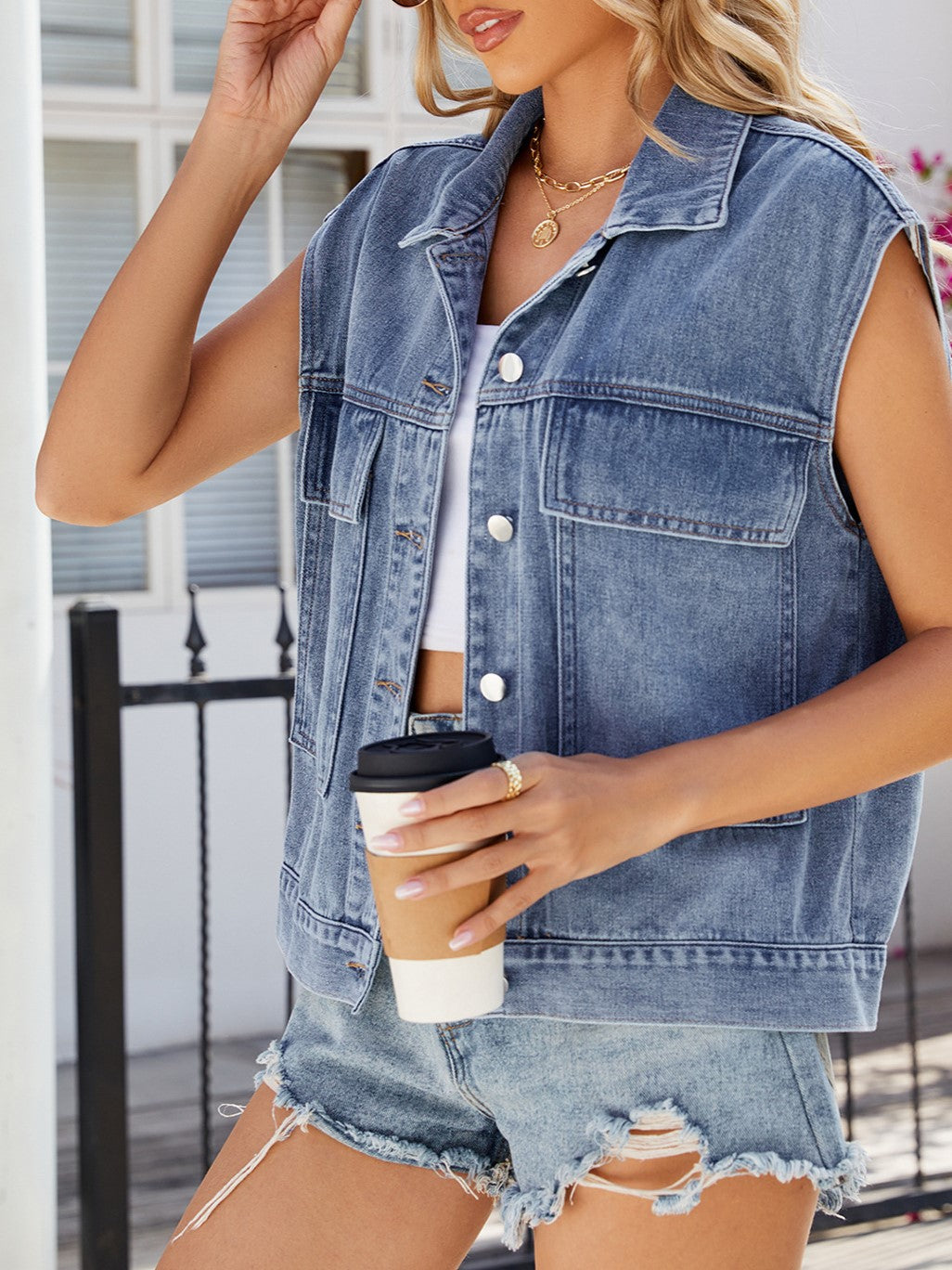 Oversized Washed Denim Utility Vest - Blue - 5