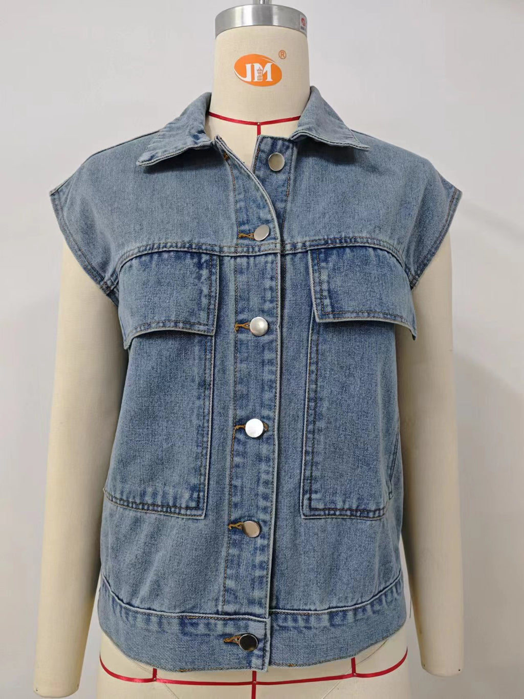 Oversized Washed Denim Utility Vest - Blue - 6