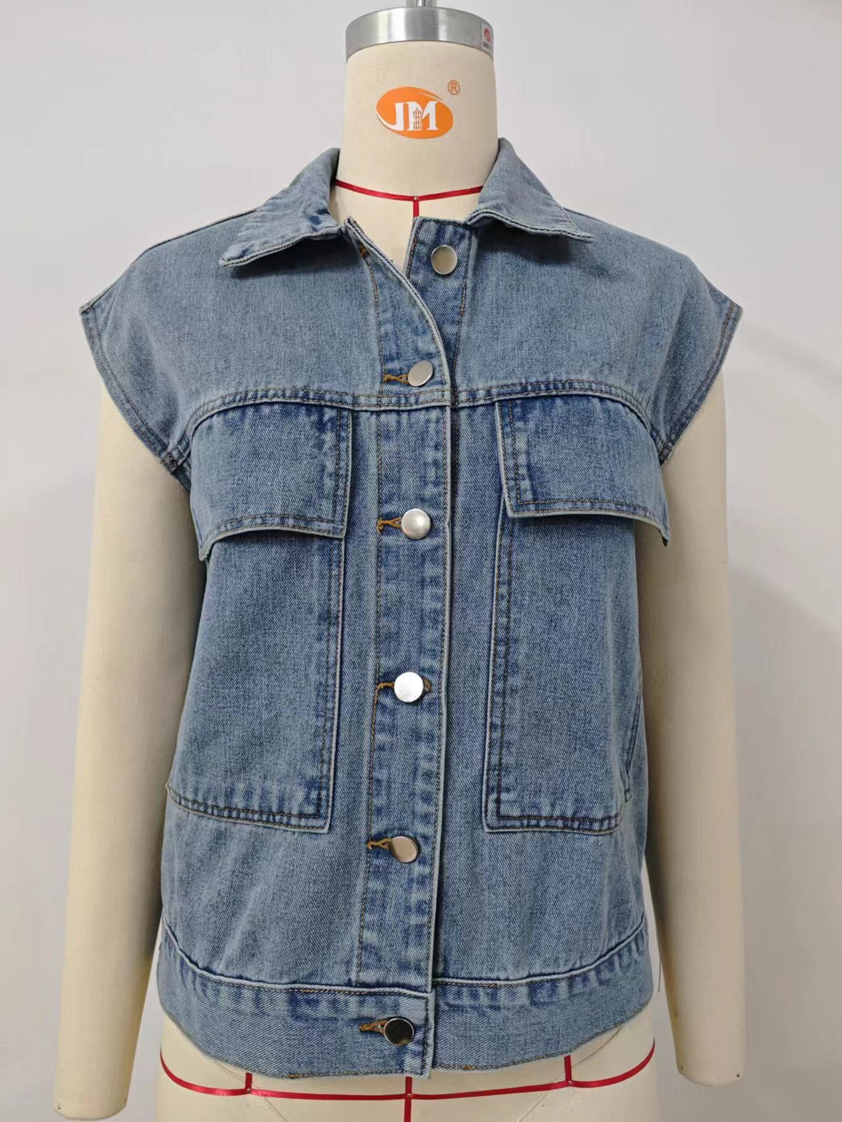 Oversized Washed Denim Utility Vest - Blue - 6