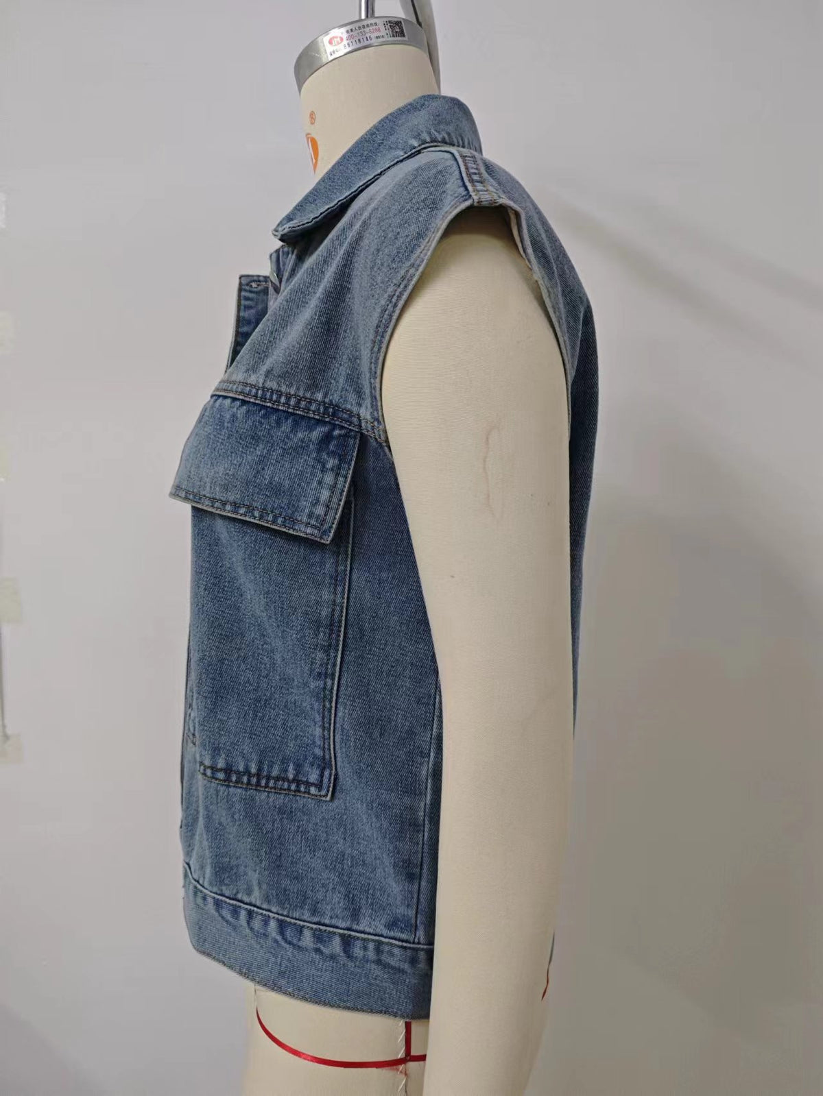 Oversized Washed Denim Utility Vest - Blue - 7