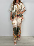 Tropical Print Satin Wide Leg Pant Set - Beige