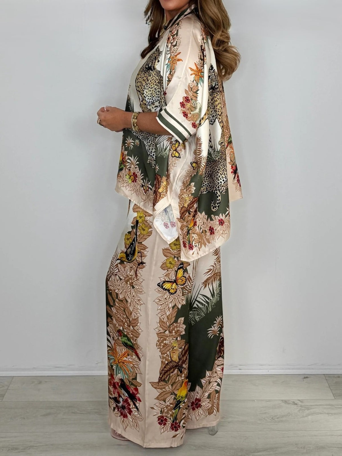 Tropical Print Satin Wide Leg Pant Set - Beige - 1