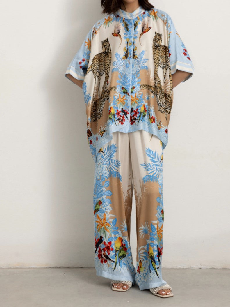 Tropical Print Satin Wide Leg Pant Set - Blue