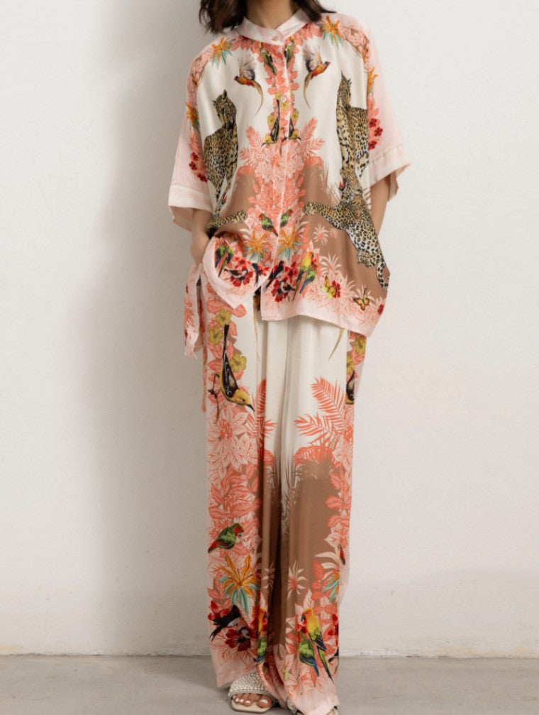 Tropical Print Satin Wide Leg Pant Set - Pink