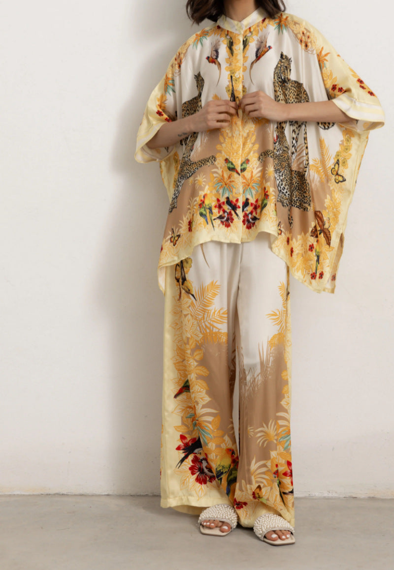 Tropical Print Satin Wide Leg Pant Set - Yellow