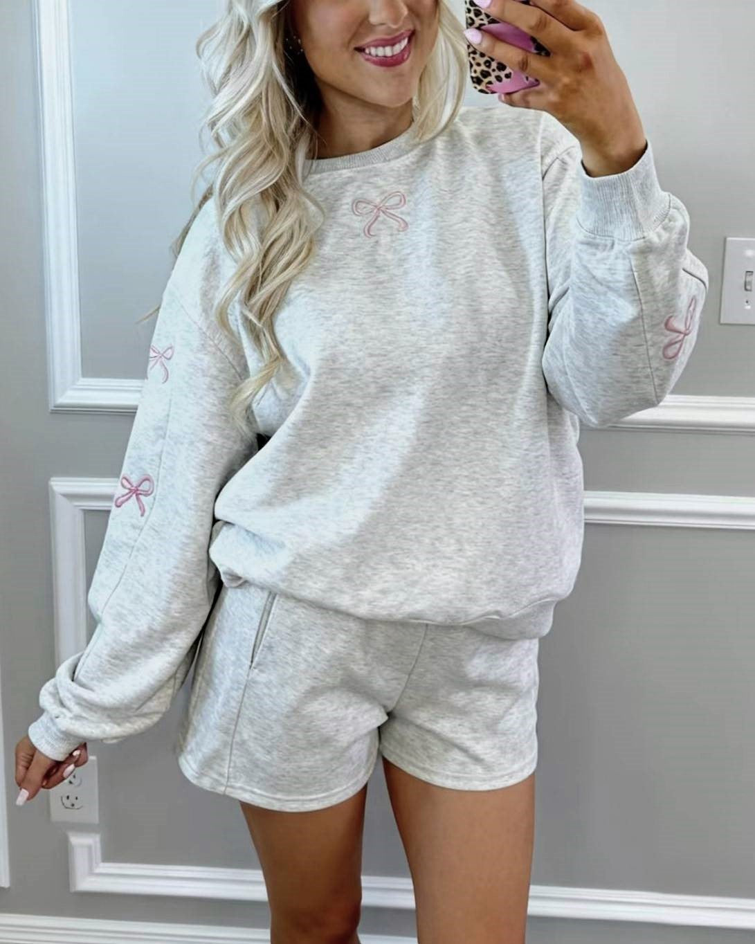Embroidered Bow Crewneck and Shorts Two Piece - Grey