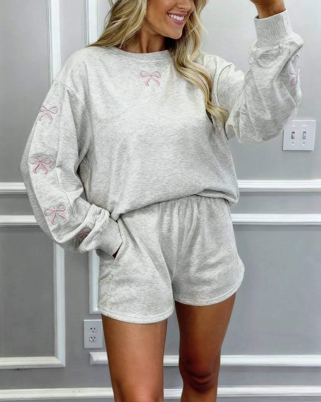 Embroidered Bow Crewneck and Shorts Two Piece - Grey - 1