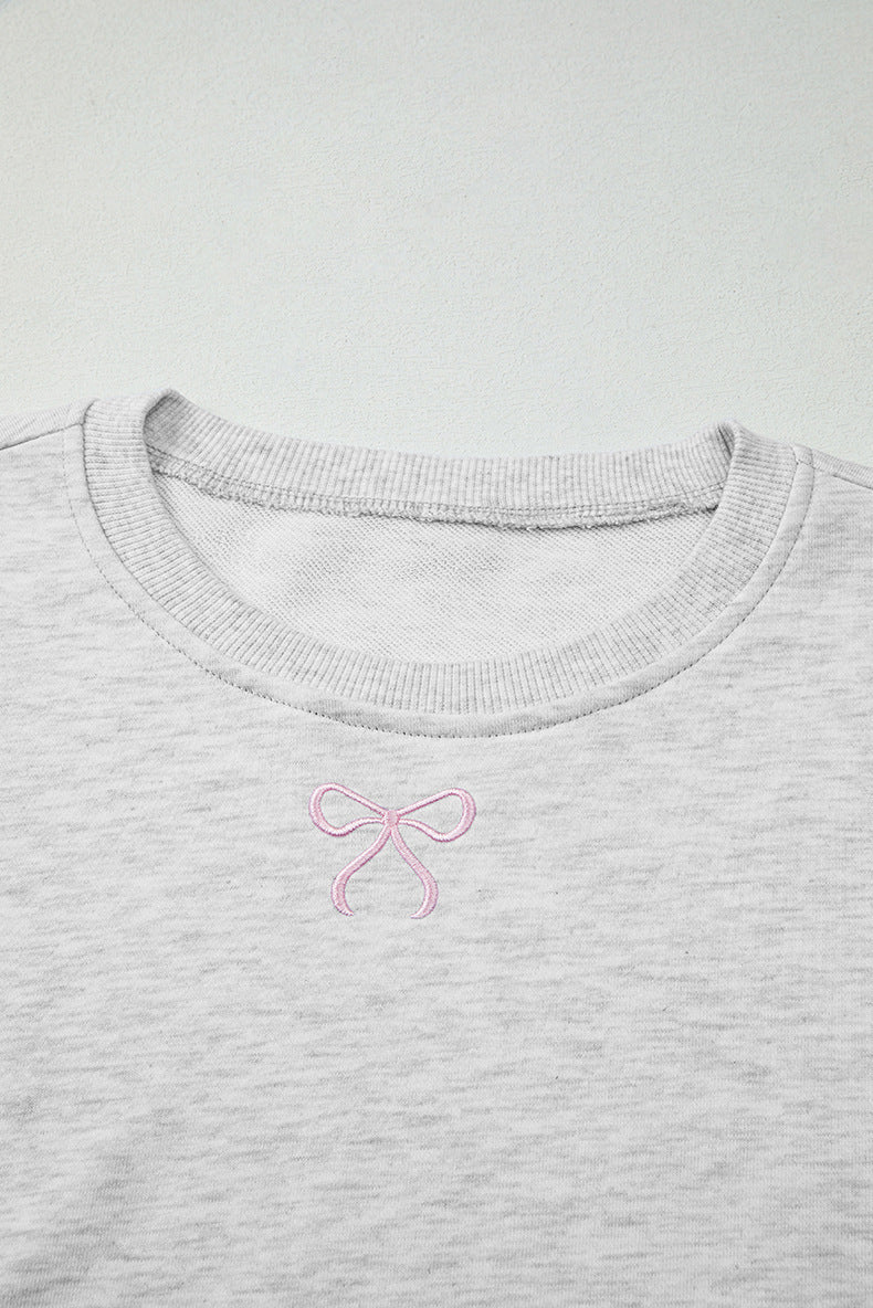 Embroidered Bow Crewneck and Shorts Two Piece - Grey - 3