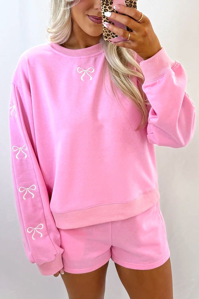 Embroidered Bow Crewneck and Shorts Two Piece - Pink