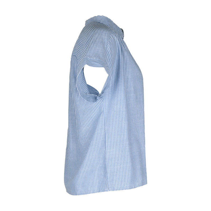 Striped Short Sleeve Half Placket Shirt - Blue - 2