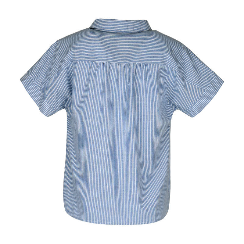 Striped Short Sleeve Half Placket Shirt - Blue - 4