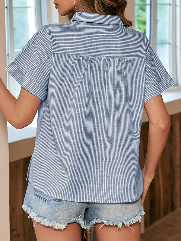 Striped Short Sleeve Half Placket Shirt - Blue - 5