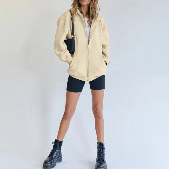 Oversized Zip Up Hoodie With Pockets - Beige - 1