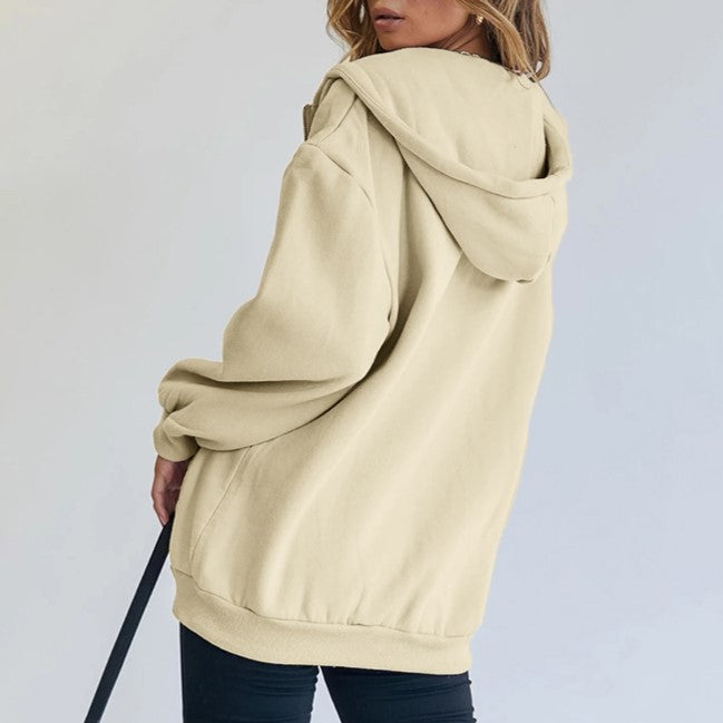 Oversized Zip Up Hoodie With Pockets - Beige - 2