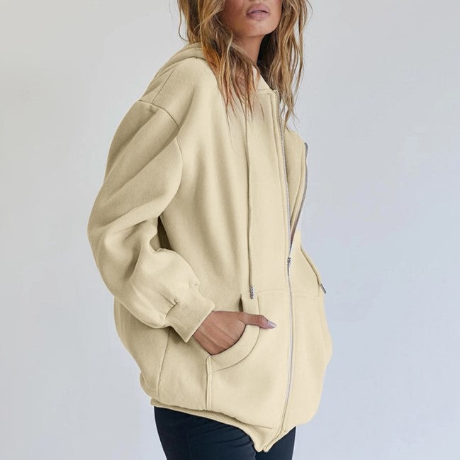 Oversized Zip Up Hoodie With Pockets - Beige - 3