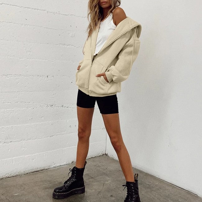 Oversized Zip Up Hoodie With Pockets - Beige - 4